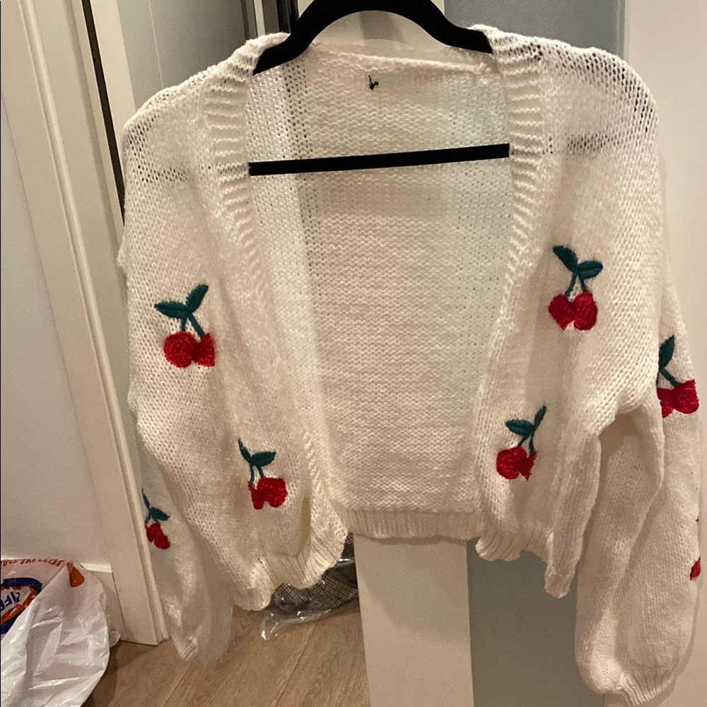 Cherry Embroidered White Sweater
